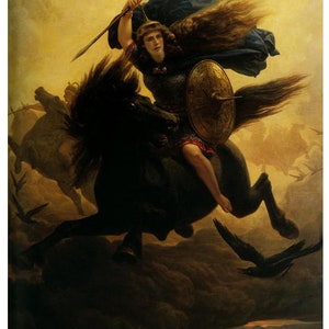 May include: A painting depicting a female warrior riding a black horse, wielding a spear and shield, with a flowing red cape and long blonde hair. The background is a golden sky with dark clouds and ravens flying.