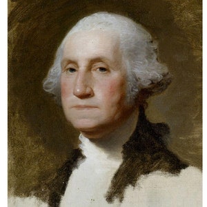 May include: A portrait painting of George Washington, the first president of the United States. He is depicted with a white powdered wig and a dark jacket. The background is a muted brown.