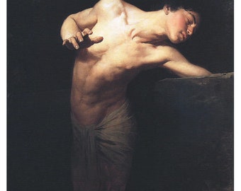 May include: A painting of a nude male figure with dark hair, leaning against a dark background. The figure is lit from the left, casting shadows on the right side of the body. The figure's hand is outstretched, as if reaching for something.