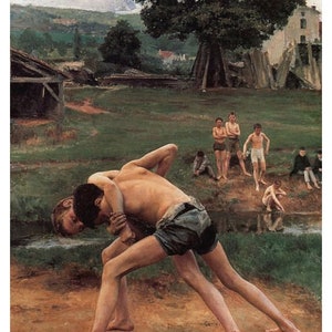 Puede incluir: Una pintura que representa una lucha de lucha libre entre dos niños pequeños en un entorno rural. Los niños están sin camisa y llevan pantalones cortos, y están luchando entre sí en un camino de tierra. En el fondo, hay otros niños de pie alrededor viendo la lucha. La pintura está ambientada en un campo con árboles y una granja en la distancia.
