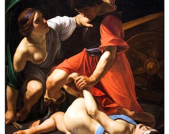 May include: A painting depicting a dramatic scene with three figures. A man in red clothing holds a rope and appears to be attacking a winged figure lying on the ground. A woman in a white dress watches the scene unfold.