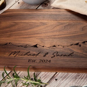 Personalized, Engraved Cutting Board with Minimalist Mountain Design for Housewarming or Wedding, Gift for Couples, Parents Anniversary