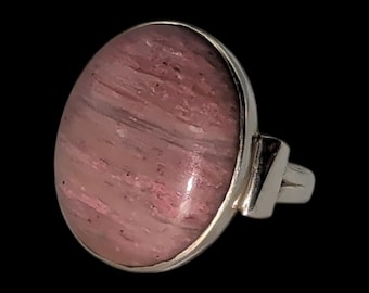 Rhodochrosite Sterling Silver Ring Size 12 1/4 Large Pink Stone Statement Ring Oval Cabochon  Boho Southwestern 925 Vintage Style
