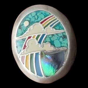 Vintage 1970s Small Mexican Sterling Silver Rainbow Landscape Pendant, Mosaic Turquoise Chip & Abalone Shell Inlay, Southwestern Boho