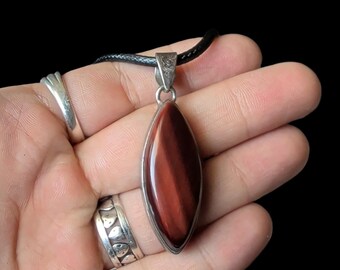 Vintage Red Tigers Eye Pendant, Signed .925 Sterling Silver Marquise Gemstone Necklace, Natural Red Tiger Eye Cabochon Jewelry