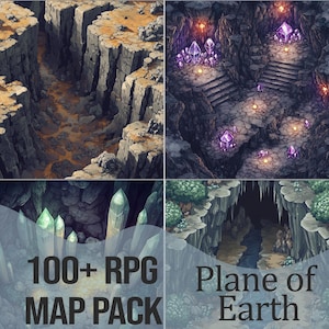 May include: A digital art RPG map pack with four fantasy landscapes. The top left shows a deep canyon, while the top right depicts a cave with stairs and crystals. The bottom images display a crystal cave and a cave entrance. Text reads "100+ RPG MAP PACK" and "Plane of Earth."