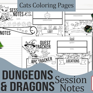 以下が含まれることがあります： 猫をテーマにした白黒の印刷可能なダンジョンズ＆ドラゴンズセッションノート。ページには、ノート、クエストトラッカー、NPCトラッカー、戦利品、条件、遭遇、魔法アイテムの使用、場所などのセクションが含まれています。