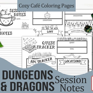 以下が含まれることがあります： 居心地の良いカフェをテーマにした、白黒の印刷可能なダンジョンズ＆ドラゴンズ塗り絵ページ。ページには、セッションノート、クエストトラッカー、NPCトラッカー、場所、戦利品、条件、遭遇、魔法アイテムの使用に関するセクションが含まれています。