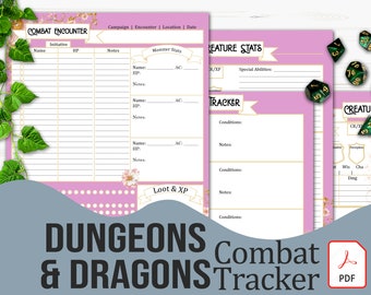 Printable Combat Tracker for DMs | PDF With Fillable Fields | Dungeons and Dragons 5e, Pathfinder | Pink Version - Digital Download