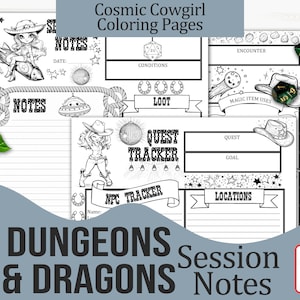 May include: Black and white colouring pages featuring a cowgirl character with a space-themed design. The pages include sections for notes, quest tracking, and character information. The text "Cosmic Cowgirl Coloring Pages" and "Dungeons & Dragons Session Notes" are also included.