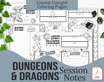 Printable RPG Journal + Quest Tracker | Cosmic Cowgirl Coloring Pages | Dungeons and Dragons 5e, Pathfinder, TTRPG - Digital Download