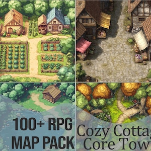 Pack de cartes de combat RPG - Cozy Cottage Core Town | Plus de 100 cartes inspirées de jeux de ferme confortables pour D&D, Pathfinder et autres TTRPGS