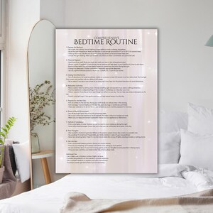 May include: A printable bedtime routine checklist with a pink and white background. The checklist includes tips for preparing the bedroom, personal hygiene, unplugging from electronics, relaxation activities, preparing for the next day, creating a restful environment, mindful thoughts, getting into bed, and additional tips.