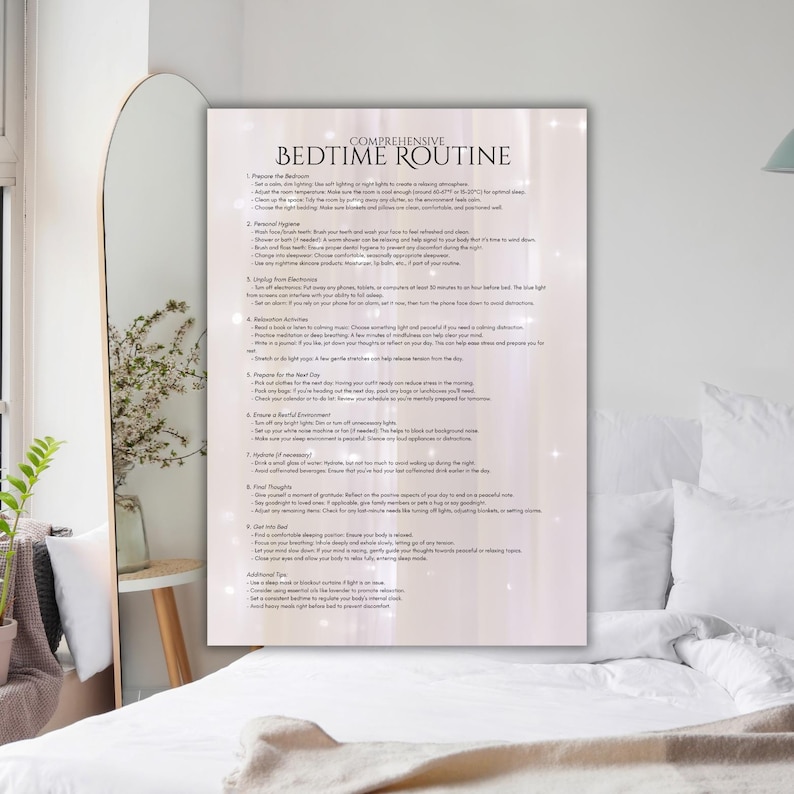 May include: A printable bedtime routine checklist with a pink and white background. The checklist includes tips for preparing the bedroom, personal hygiene, unplugging from electronics, relaxation activities, preparing for the next day, creating a restful environment, mindful thoughts, getting into bed, and additional tips.