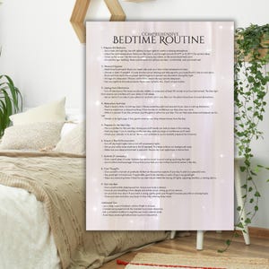 May include: A white printable checklist with a pink and white background and a glittery effect. The checklist is titled "Comprehensive Bedtime Routine" and includes a list of steps to help you prepare for a good night's sleep.