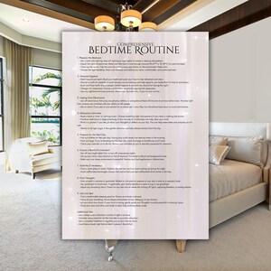 May include: A white and gray printable checklist with the title "Comprehensive Bedtime Routine" and a list of tips for creating a relaxing bedtime routine. The checklist includes tips for preparing the bedroom, personal hygiene, limiting electronics, relaxation activities, preparing for the next day, creating a restful environment, hydrating, final thoughts, getting into bed, and additional tips.