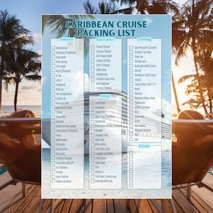 May include: A checklist for packing for a Caribbean cruise. The checklist is divided into three categories: toiletries, electronics, and clothing. The checklist includes items such as shampoo, conditioner, body wash, sunscreen, phone charger, laptop charger, day time outfits, sandals, cover ups, bathing suits, and more.