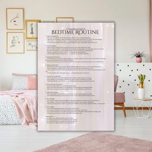 May include: A printable checklist with a pink and white background and a white border. The checklist is titled "Comprehensive Bedtime Routine" and includes a list of steps to help you create a relaxing bedtime routine. The steps include preparing the bedroom, personal hygiene, unplugging from electronics, relaxation activities, ensuring a peaceful environment, final thoughts, and getting into bed.