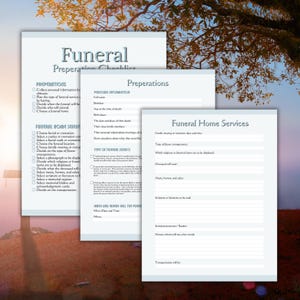 May include: Three sheets of paper with the word "Funeral" at the top. The sheets contain checklists and forms for funeral preparations, including personal information, service details, and home service arrangements.