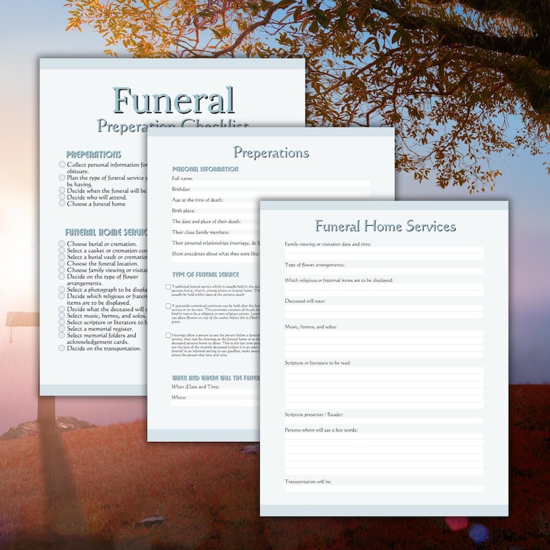 May include: Three sheets of paper with the word "Funeral" at the top. The sheets contain checklists and forms for funeral preparations, including personal information, service details, and home service arrangements.