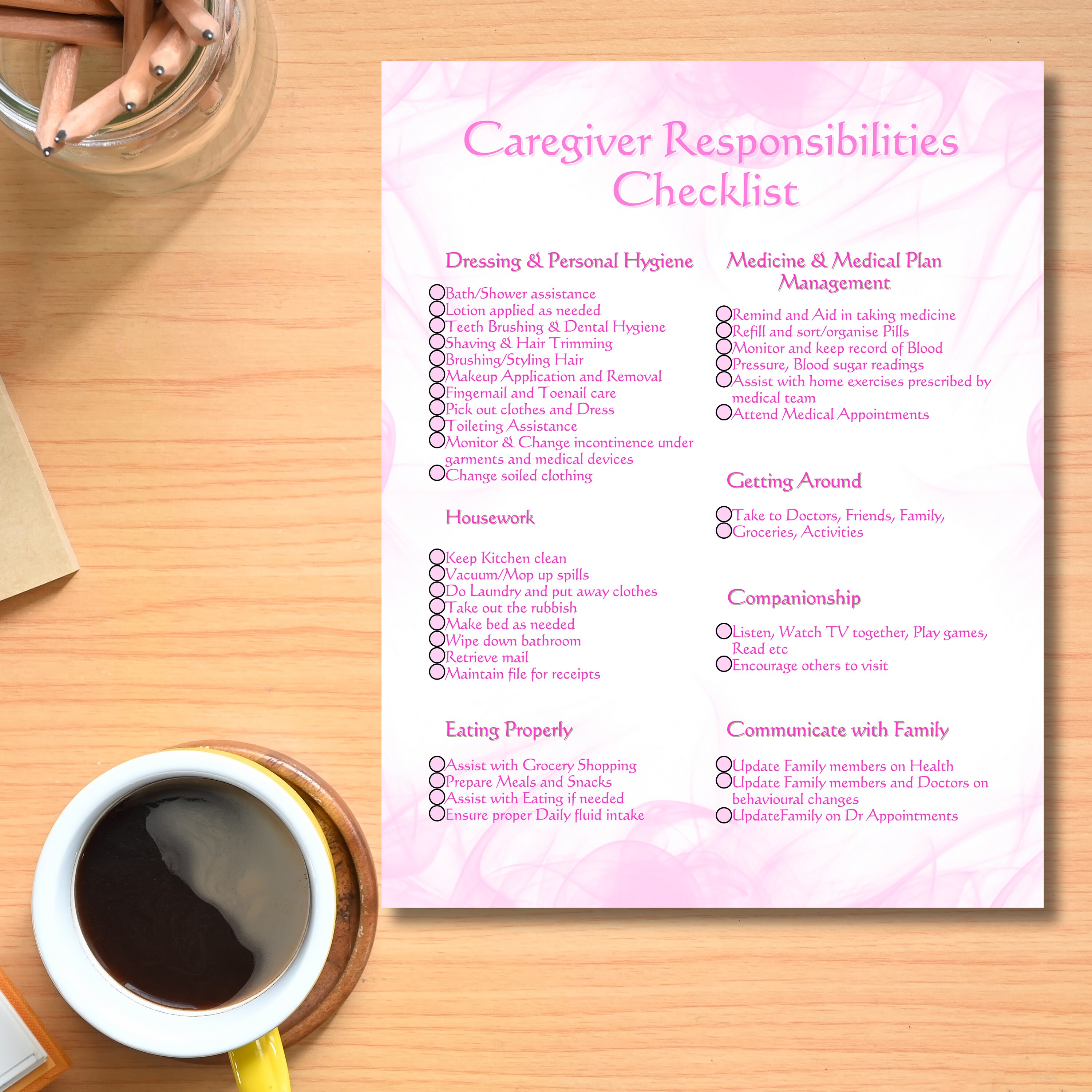 Caregiver Checklist Printable | Daily Elderly Care Log and Home Health ...