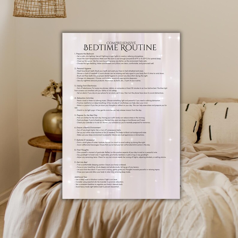 May include: A printable checklist with a white background and black text outlining a comprehensive bedtime routine. The checklist includes tips for preparing the bedroom, personal hygiene, limiting electronics, relaxation activities, preparing for the next day, ensuring a restful environment, and final thoughts.