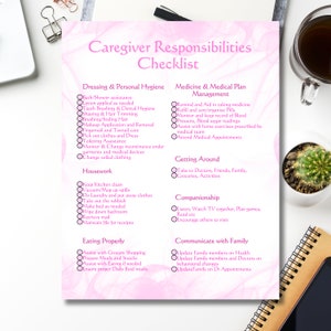 May include: A pink checklist with a title "Caregiver Responsibilities Checklist". The checklist is divided into 10 sections: Dressing & Personal Hygiene, Medicine & Medical Plan Management, Getting Around, Companionship, Housework, Eating Properly, Communicate with Family,  with checkboxes next to each task.