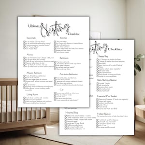 May include: A printable checklist for preparing for a new baby. The checklist is divided into sections for essentials, nursery, master bedroom, living room, kitchen, bathroom, any extra bedrooms, car, hospital bag, nappy bag, baby bathing basket, essential car basket, and helper basket. The checklist includes tasks such as setting up a nappy change area, organizing baby clothes, cleaning the house, packing a hospital bag, and preparing a baby bathing basket.