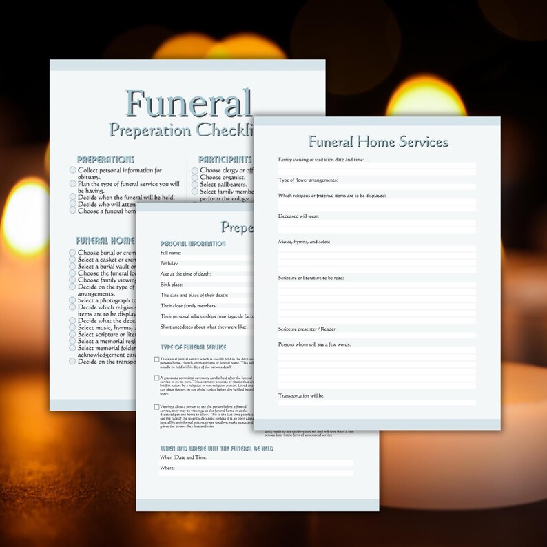May include: Three sheets of paper with the title "Funeral Preperation Checklist" and "Funeral Home Services". The checklist includes sections for preparations, participants, and funeral home details. The pages are white with black text.