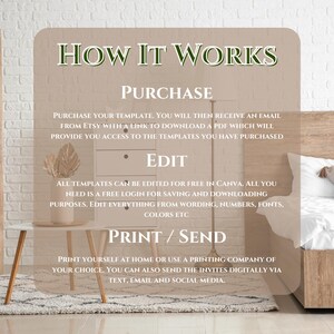 May include: How it works: Purchase, edit, and print or send your digital template. The template can be edited for free in Canva.  You can print at home or use a printing company.