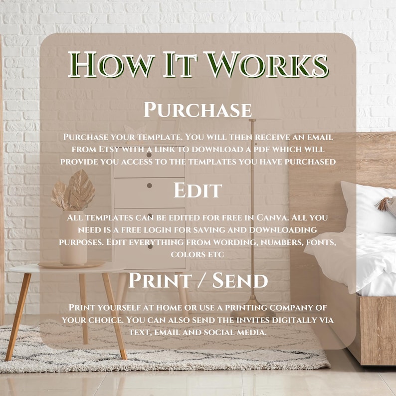 May include: How it works: Purchase, edit, and print or send your digital template. The template can be edited for free in Canva.  You can print at home or use a printing company.