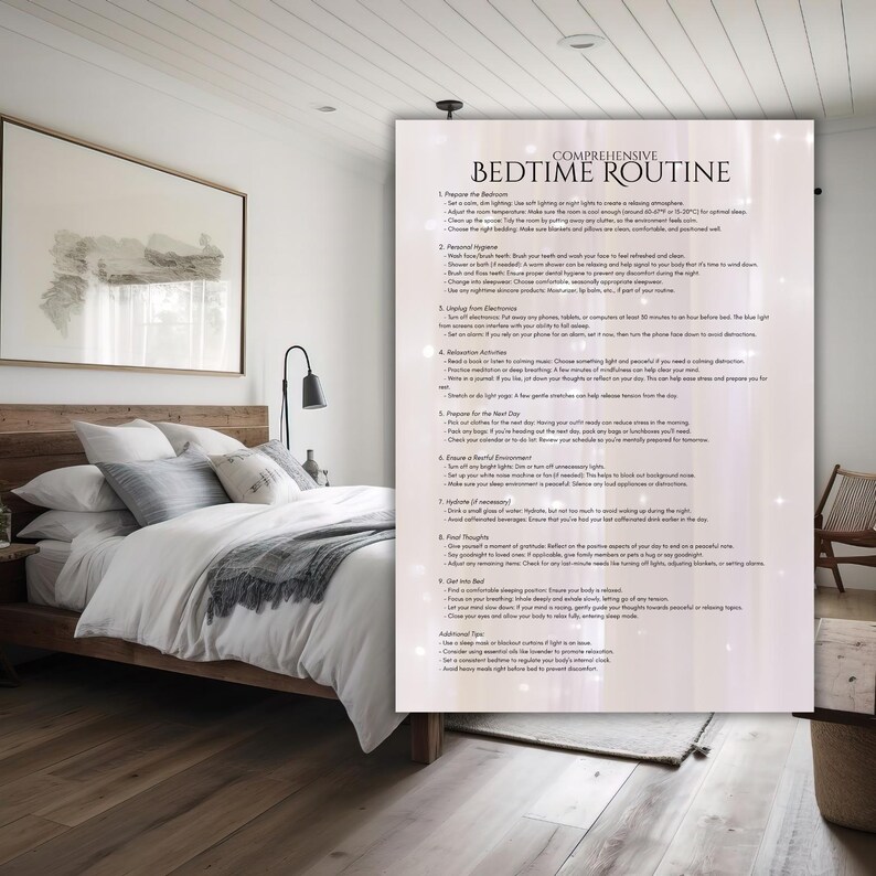 May include: A comprehensive bedtime routine checklist with tips for preparing the bedroom, personal hygiene, relaxing activities, and winding down for a good night's sleep. The checklist is printed on a white background with a subtle sparkle effect.