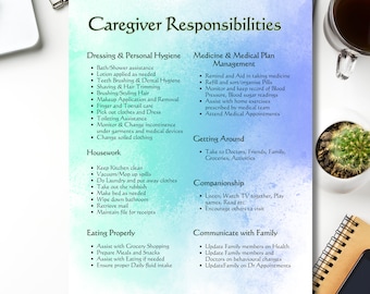 Caregiver Checklist Printable | Daily Elderly Care Log and Home Health Tracker | Dementia Care Plan