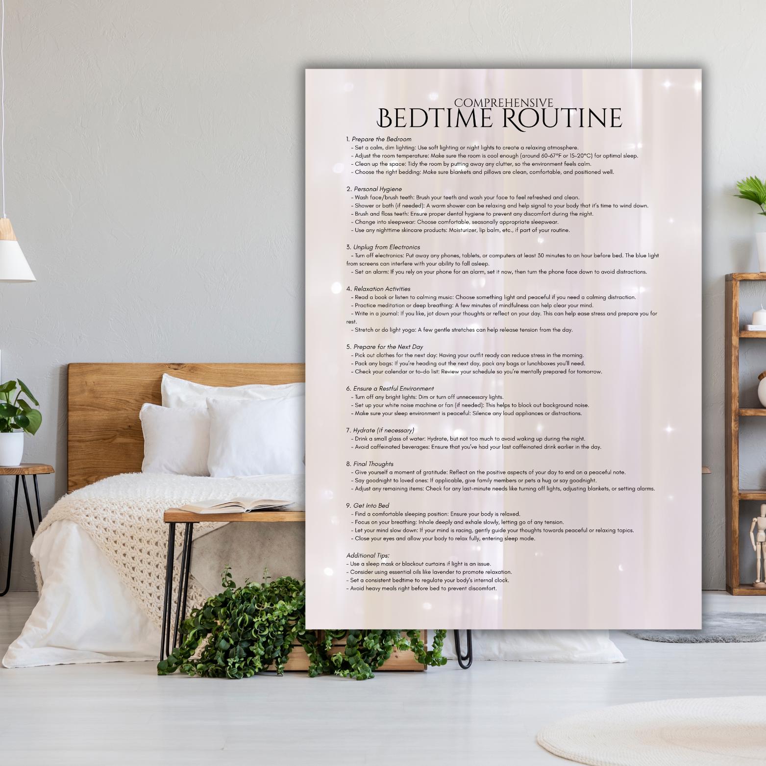 May include: A printable checklist with a white background and silver glitter accents. The checklist is titled "Comprehensive Bedtime Routine" and includes a list of steps to help you prepare for a good night's sleep.