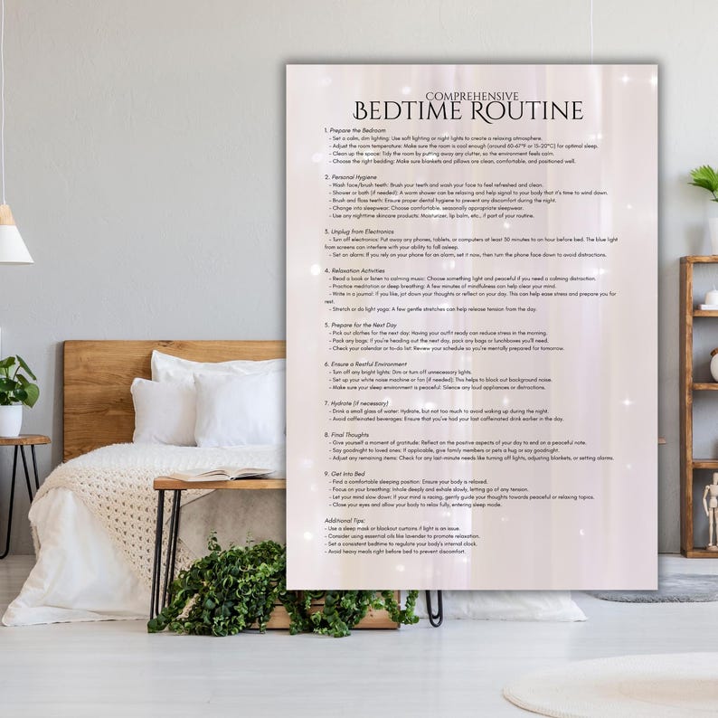 May include: A printable checklist with a white background and silver glitter accents. The checklist is titled "Comprehensive Bedtime Routine" and includes a list of steps to help you prepare for a good night's sleep.