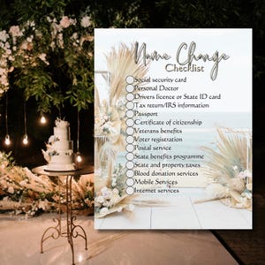May include: A checklist for name change with a list of items to update, including social security card, driver's license, passport, and more. The checklist is on a white background with a decorative floral arrangement in the background.
