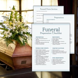 May include: A wooden casket with floral arrangements and a funeral preparation checklist. The checklist includes sections for preparations, participants, funeral home services, and final arrangements. The flowers are white and green.