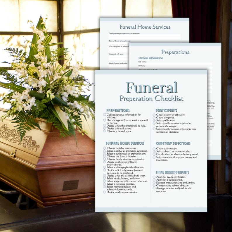 May include: A wooden casket with floral arrangements and a funeral preparation checklist. The checklist includes sections for preparations, participants, funeral home services, and final arrangements. The flowers are white and green.