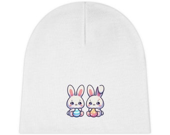 Bonnet pour bébé Deux lapins kawaii avec des œufs (AOP) Idée cadeau pour bébé, vêtements de Pâques une couleur, accessoires pour bébé