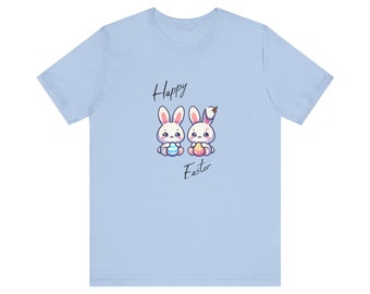 Cute Happy Easter Short Sleeve Tee Cute Kawaii Bunnies, Aesthetic Easter Tee Spring Clothing, Easter Clothing