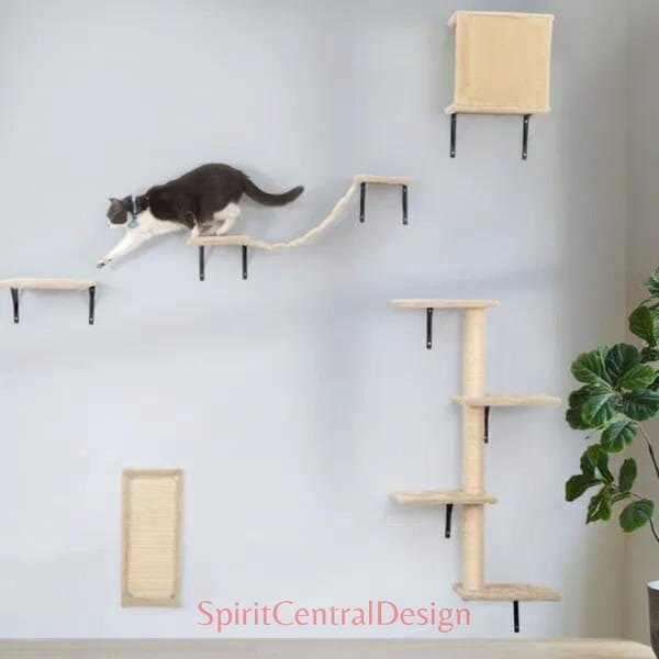 5 Pcs Wall Mounted Cat Climber Set; Floating Cat Shelves and Perches; Cat Activity Tree with Scratching Posts; Modern Cat Furniture