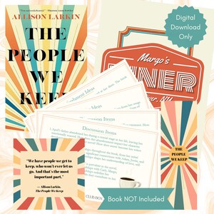 May include: A book cover with a retro design featuring a sunburst pattern in orange, yellow, and red. The title of the book is "The People We Keep" by Allison Larkin. The cover also includes a quote from the book: "We have people we get to keep, who won't ever let us go. And that's the most important part." - Allison Larkin, The People We Keep.
