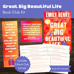 Könnte beinhalten: Ein Buchclub-Kit mit dem Buch "Great Big Beautiful Life" von Emily Henry. Das Kit enthält Diskussionsfragen, Extras und Zitate aus dem Buch. Das Cover des Buches ist sichtbar, zusammen mit dem Text "Book Club Kit".