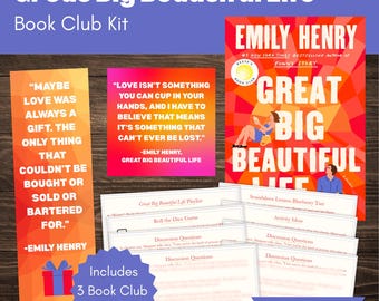 May include: A book club kit featuring the book "Great Big Beautiful Life" by Emily Henry. The kit includes discussion questions, extras, and quotes from the book. The cover of the book is visible, along with the text "Book Club Kit".