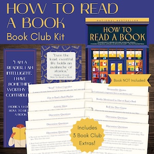 Pode incluir: Um kit de clube de leitura "How to Read a Book" em azul marinho e dourado. O kit inclui perguntas para discussão, ideias de atividades e uma lista de reprodução de livros. O kit inclui 3 extras do clube de leitura. O texto "Book Club Kit" também é visível.