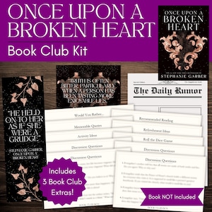 May include: A Once Upon a Broken Heart book club kit featuring a collection of printed cards, including discussion questions, activity ideas, a Daily Rumor newspaper sheet, and a bookmark, all centred around the book by Stephanie Garber.
