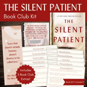Peut inclure: Un kit de club de lecture pour "The Silent Patient" est présenté, comprenant le livre, des questions de discussion et des extras. L'image montre la couverture du livre, des cartes de citations et des suggestions de rafraîchissements. Idéal pour les réunions de club de lecture.