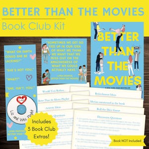 Pode incluir: Um kit de clube do livro para "Better Than The Movies" de Lynn Painter. O kit inclui perguntas para discussão, ideias de atividades e uma lista de reprodução. A capa apresenta ilustrações de casais e o título do livro em letras amarelas grandes sobre um fundo azul.