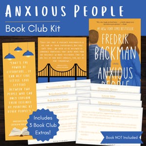 May include: An Anxious People book club kit featuring a yellow bookmark with blue pendant lights, a quote card with a bridge illustration, and a book cover by Fredrik Backman. Includes multiple printed cards with discussion questions and activity ideas.