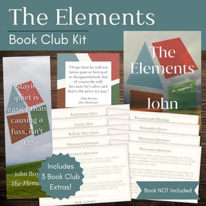 May include: A book club kit titled "The Elements" with a novel by John Boyne. The kit includes discussion cards, quote cards, and extras. The cover art features geometric shapes in red, blue, and green.